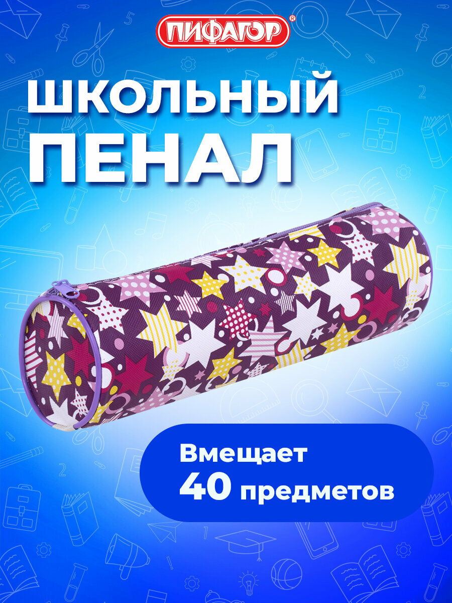 Пенал-косметичка-тубус школьный для ручек карандашей для девочки/подростка Пифагор мягкий Stars 20х7 см 229267