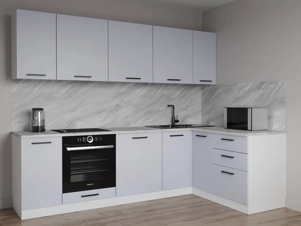 Кухонный гарнитур Sanvut угловой Смоки-2600х1600 МДФ столешница 38 мм, каркас ЛДСП, фасад МДФ, Белый/Панна Кота (289)