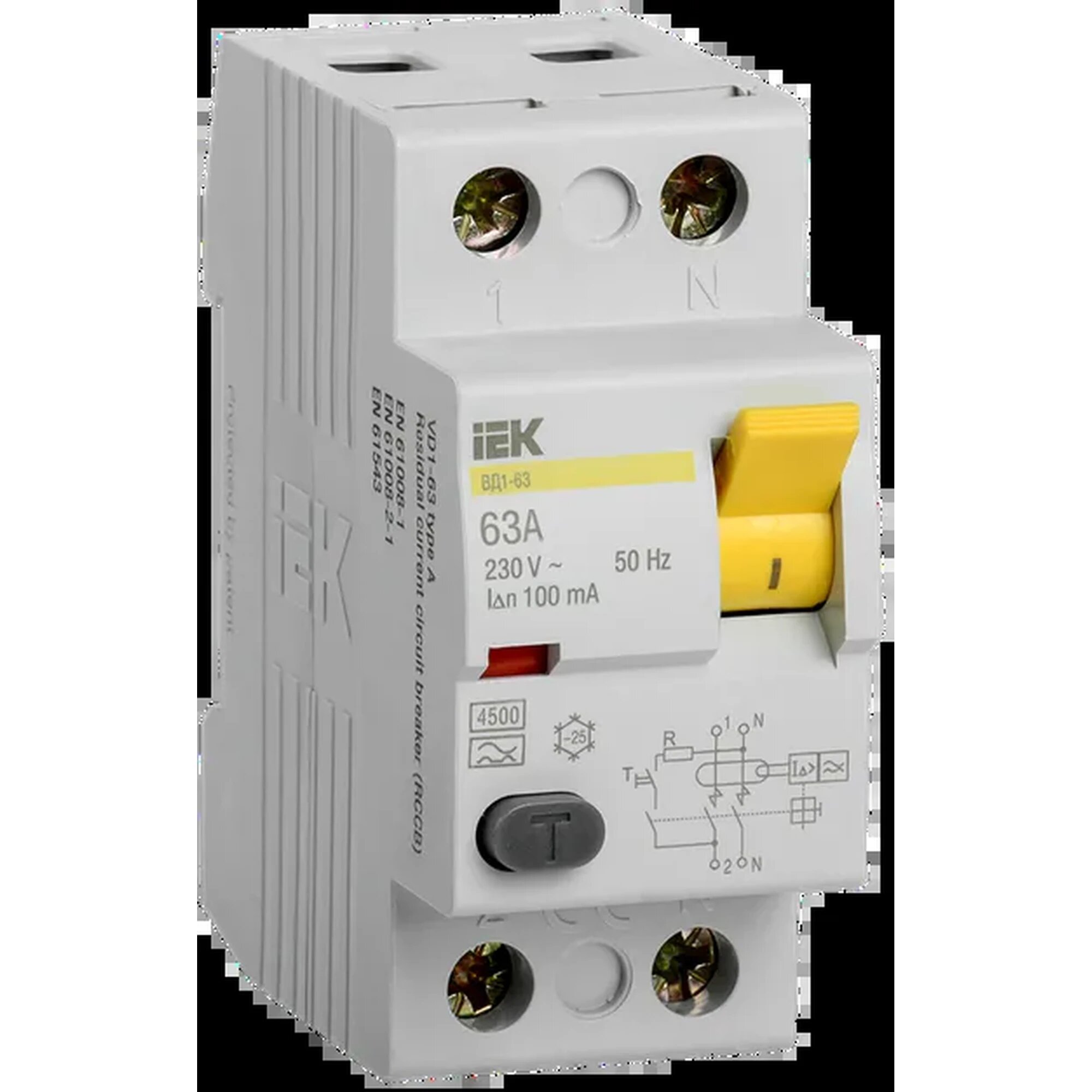 УЗО выключатель дифференциальный IEK ВД1-63 2Р 63А 100мА тип А электромеханический 230В IP20