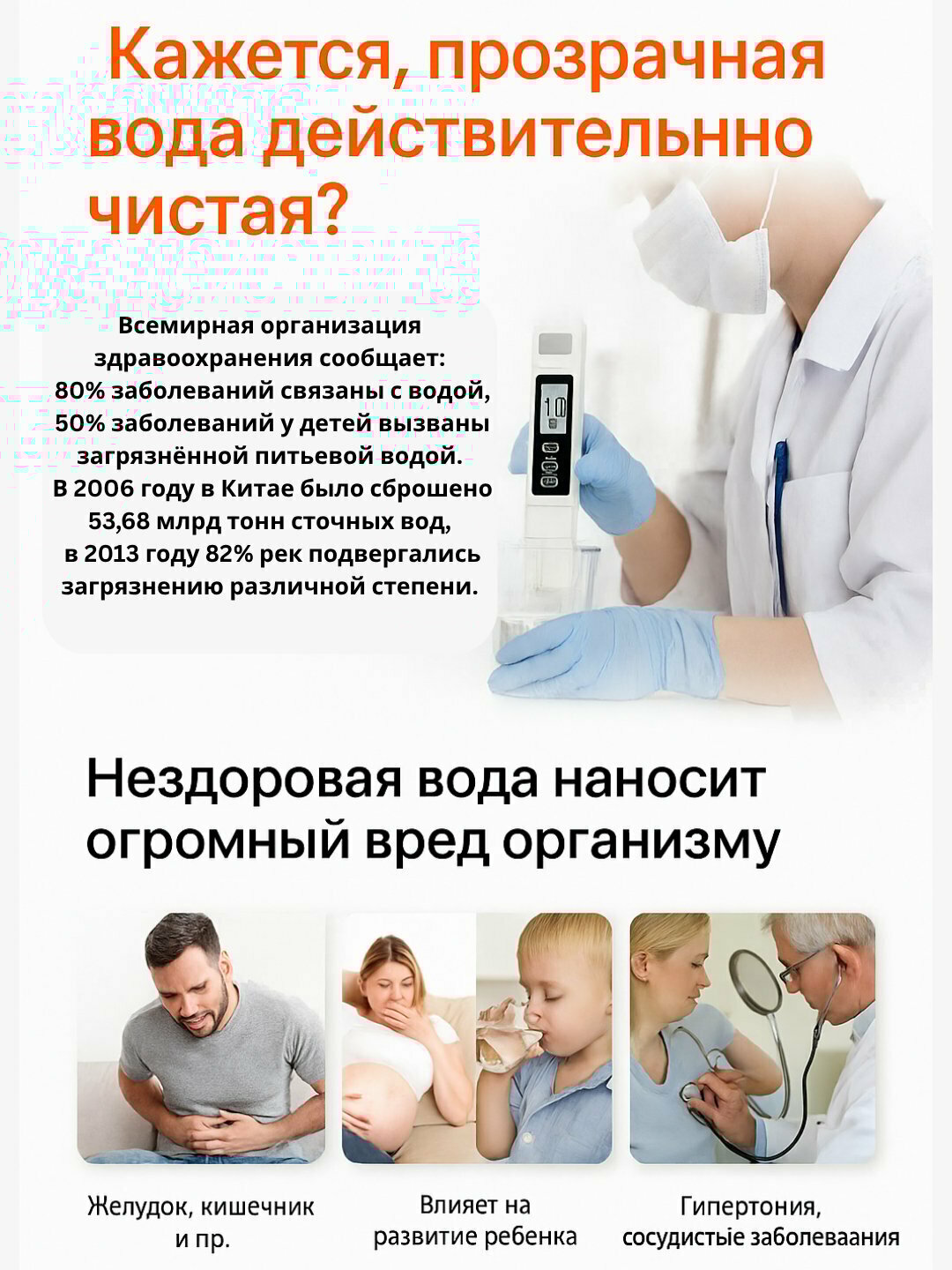 Цифровой измеритель качества воды и температуры воды, TDS&EC meter hold — фото 1