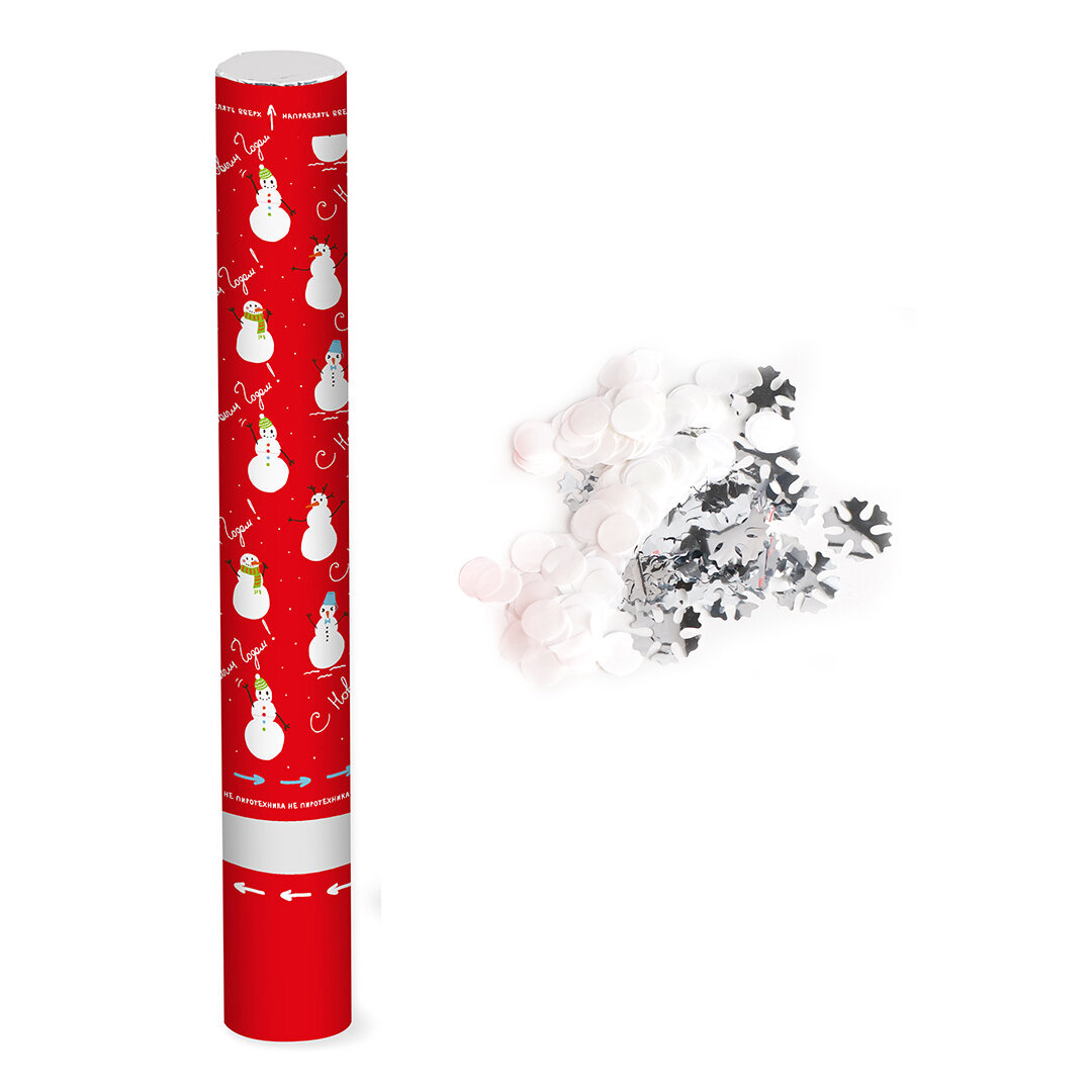 Пневмохлопушка (40 см) С Новым годом Снеговики Снежинки с фольга и тишью Белый/Серебро