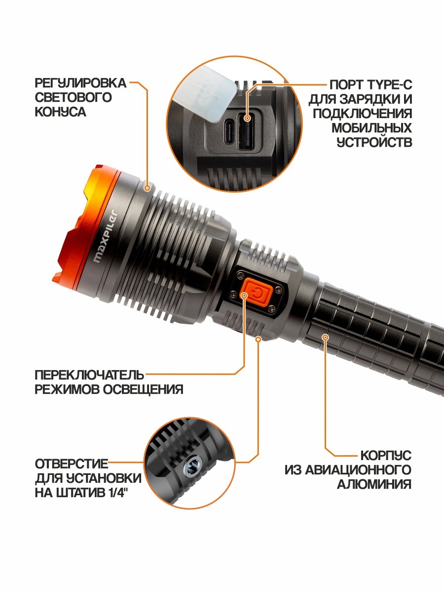 Фонарь ручной аккумуляторный MAXPILER MPF-03 — фото 1