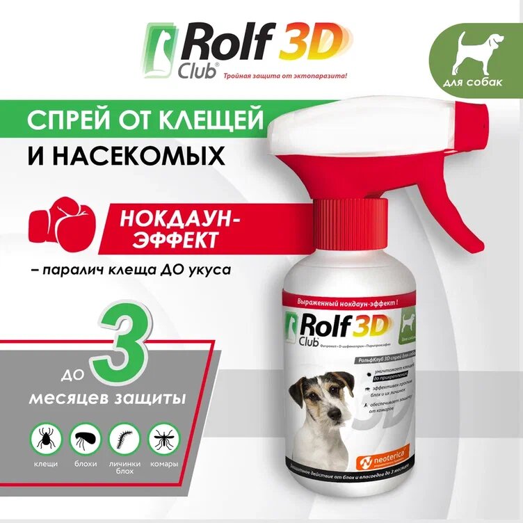 Спрей от клещей , блох, комаров RolfClub 3D для собак 200 мл