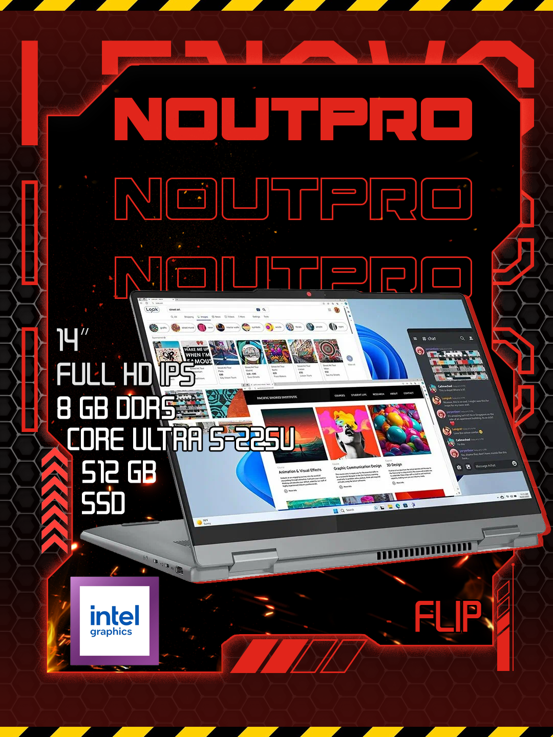 Ноутбук Lenovo Flip, Intel Core ULTRA 5-225U(14"Touchscreen IPS 360°), RAM 8GB, SSD 512GB