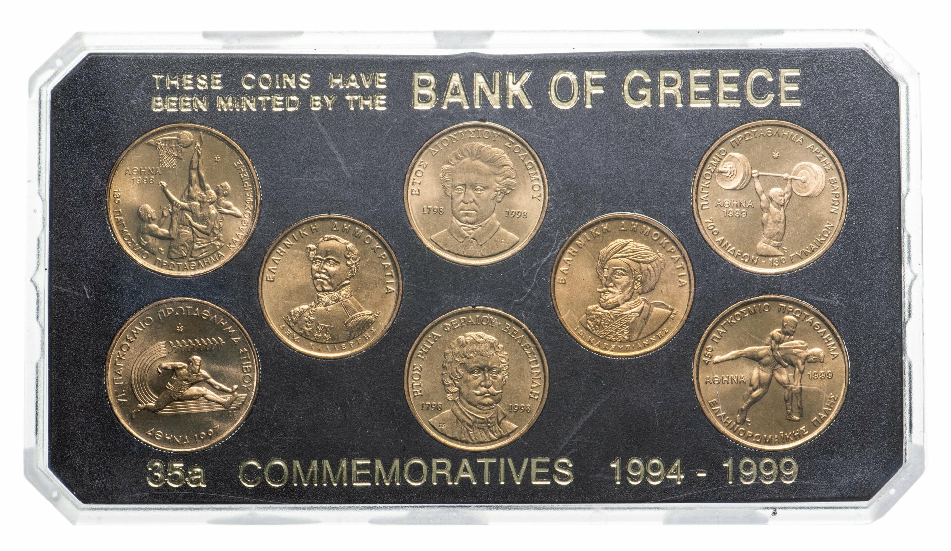 Греция, набор из 8 юбилейных монет 1994-1999 гг. в сувенирном футляре