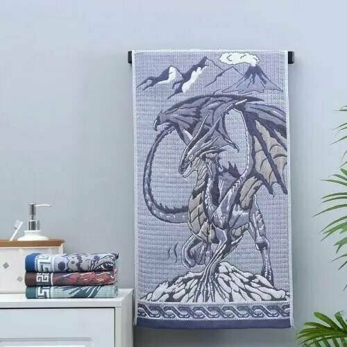 Полотенце хлопковое ручное символ года Величественный Дракон Серое 35*75 см