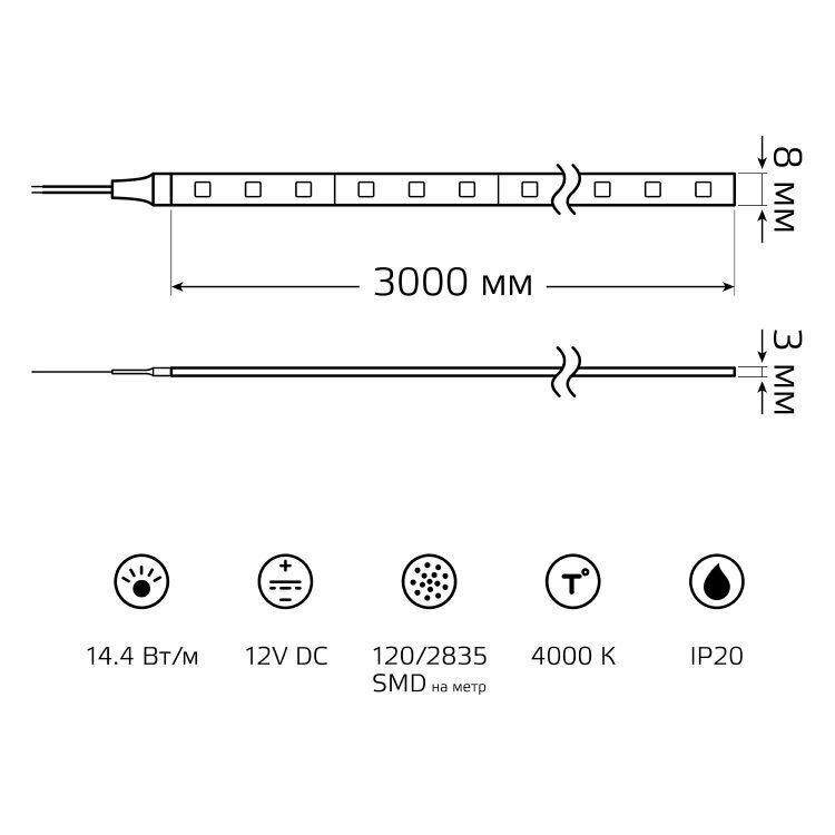 Лента LED (4000К) Basic GAUSS тип 2835 DC 12В 14,4Вт 1400лм/Вт 120led/м IP20 8 мм (бухта 3м)