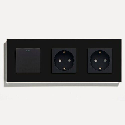 Изображение товара Выключатель с розеткой, 1 клавиша 2 розетки, 3 поста (M1+2F) рамка стекло 228х86мм цвет черный