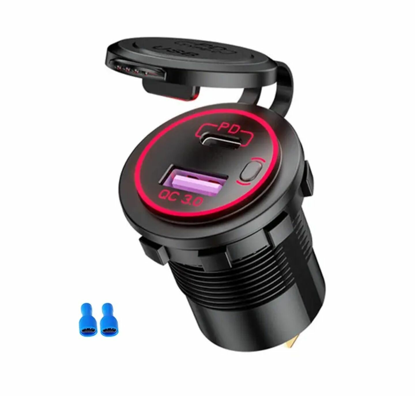Разъем USB + Type-C врезной c быстрой зарядкой . Розетка с кнопкой включения для катеров авто и мотоциклов, встраиваемая влагозащитная. Цвет подсветки красный. — фото 1