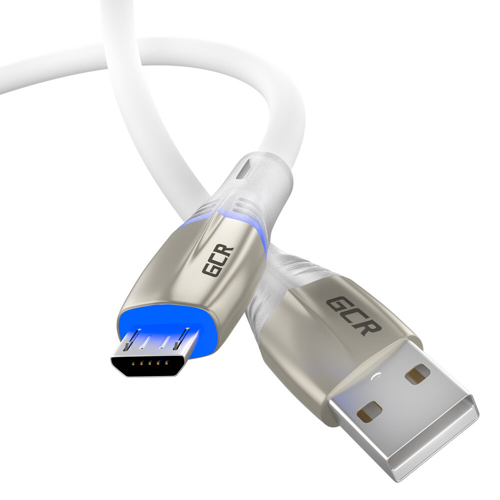 Кабель USB micro быстрая зарядка для телефона 5А GCR LED 1 метр Quick Charge 3.0 белый