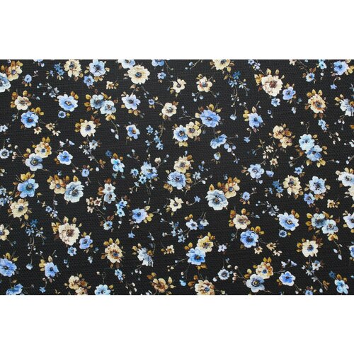Ткань Костюмный хлопок-стрейч под рогожку с цветочным узором на чёрном фоне , ш140см, 0,5 м