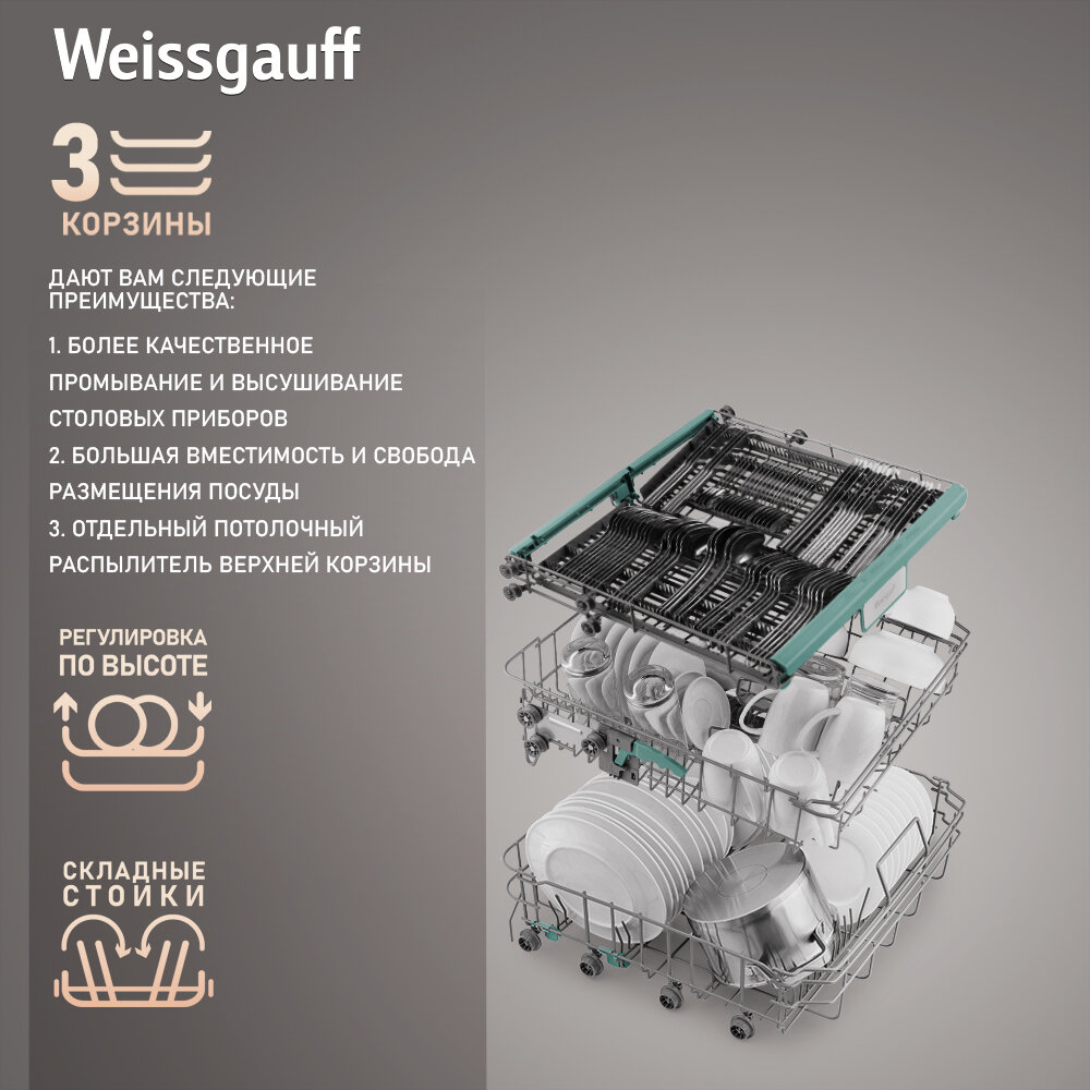 Посудомоечная машина Weissgauff DW 6138 Inverter Touch Inox нержавеющая сталь (429984) - фото №6