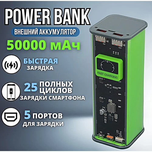 Портативный внешний аккумулятор GT-03 POWER BANK 50000 mAh, 5 портов, Кабель с 3 разъемами в комплекте, Зеленый