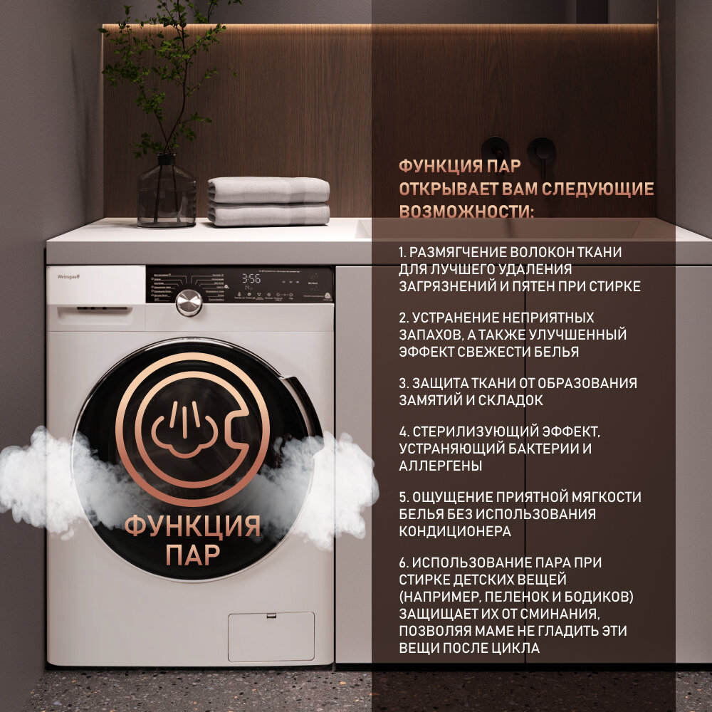 Стиральная машина WEISSGAUFF WM 59412 DC Inverter Steam, фронтальная, 12кг, 1400об/мин - фото №5