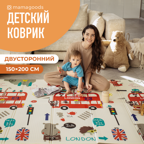 фото Детский коврик для ползания складной двухсторонний игровой термоковрик mamagoods 150х200 автобус и городок