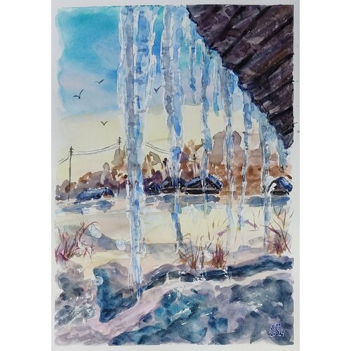 Картина акварелью Зима Сосульки ручная работа размер А4 1100₽