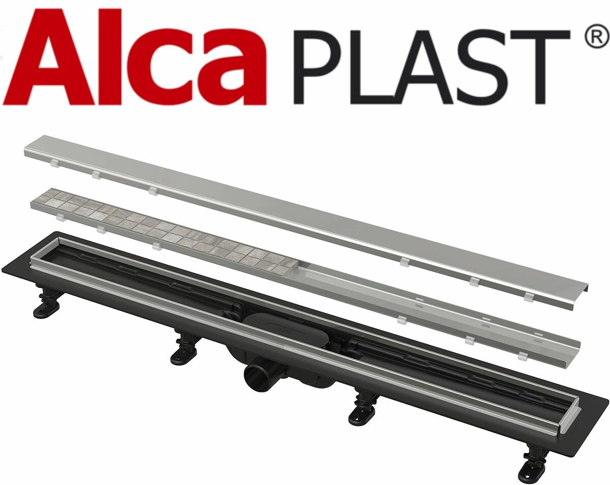 Водоотводящий желоб Alcaplast APZ20-750 с порогами из нержавеющей стали и двухсторонней решеткой под укладку плитки