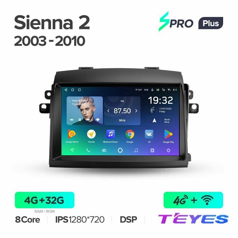 Магнитола Toyota Sienna 2 XL20 2003-2010 Teyes SPRO+ 4/32GB, штатная магнитола, 8-ми ядерный процессор, IPS экран, DSP, 4G, Wi-Fi, 2 DIN