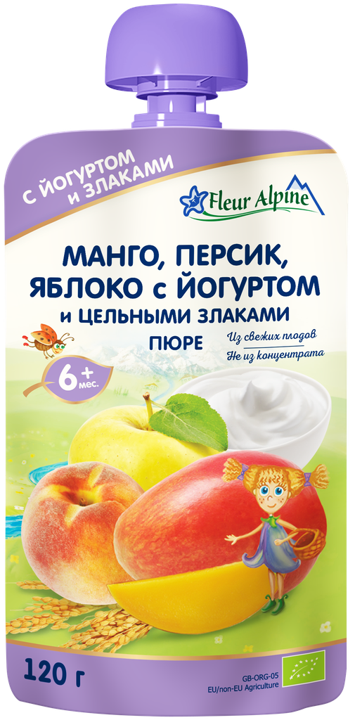 Пюре фруктовое FLEUR ALPINE Манго, персик и яблоко, с йогуртом, с 6 месяцев, 120г