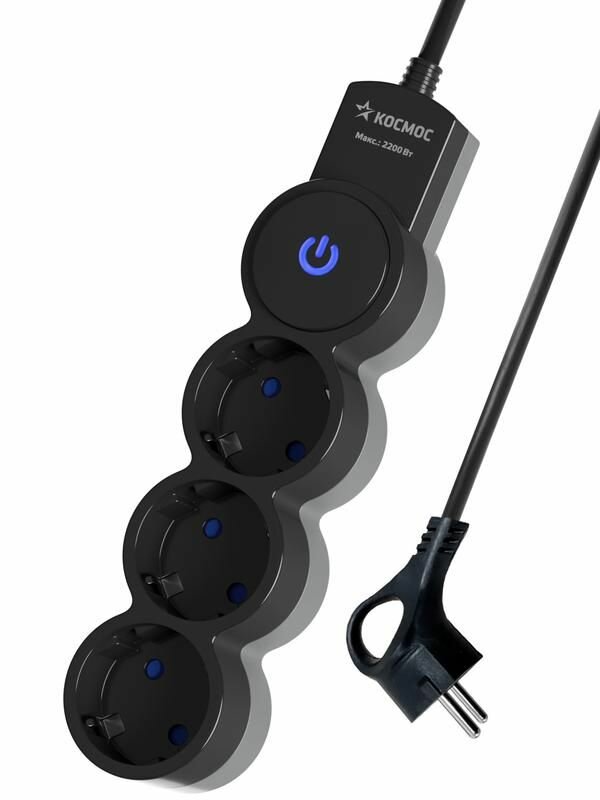 фото Удлинитель 3х3м ПВС 3х0.75 с защ. шторк. с заземл. IP20 с выкл. 220В 10А 2200Вт черн. Космос YKsm3m-3g-Z-V10A-B