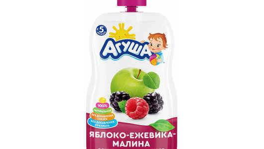 Детское фруктово-ягодное пюре Агуша Яблоко-ежевика-малина, с 5 месяцев, 90г