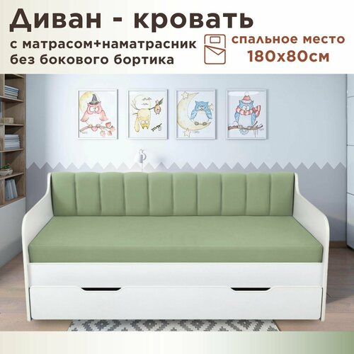 фото Кровать детская сити 180х80 см velutto 30 пыльно-зеленый кровать+матрас+наматрасник dardav