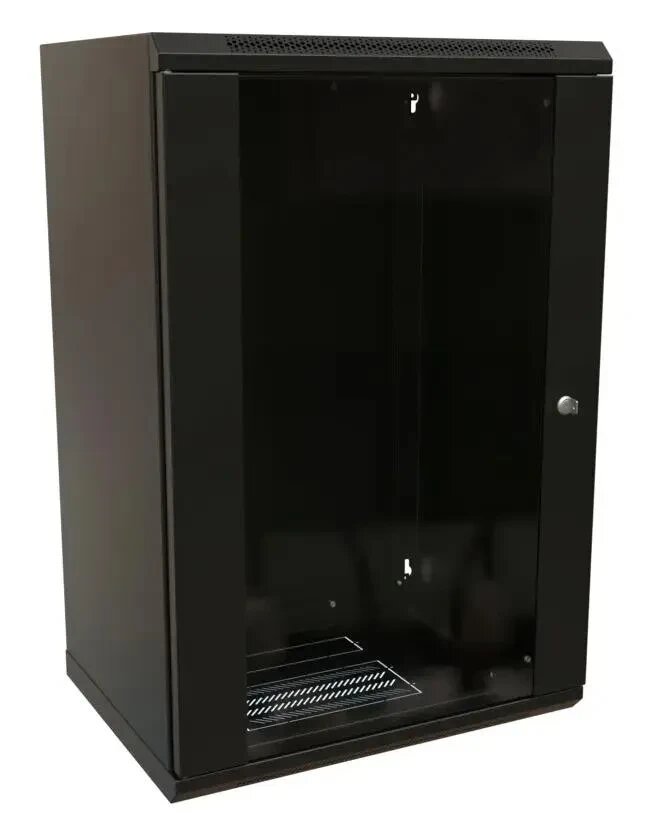 Коммутационный шкаф WRLINE WR-TW-2245-GP-RAL9004 настенный, стеклянная передняя дверь, 22U, 600x1086x450мм
