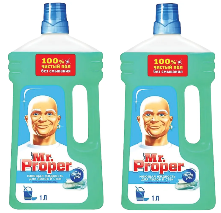 Средство для мытья полов Mr.Proper Горный ручей и прохлада, жидкий, 1 л, 2 шт