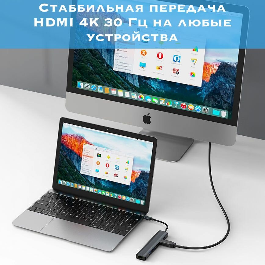USB HUB 3.0 для ноутбука 7in1 / Type-C HDMI HUB для MacBook / USB Разветвитель с HDMI 4K 30 Гц, RJ-45 1000 Мбит/С, USB 3.0x2, PowerDelivery 100W — фото 1