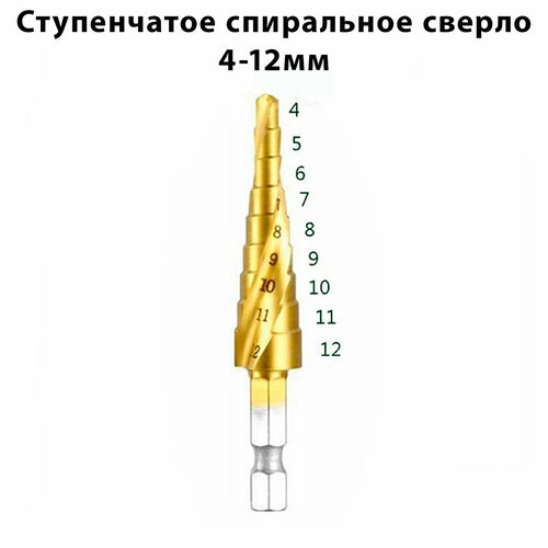 Сверло ступенчатое спиральное по металлу 4-12 мм с титановым покрытием 9 ступеней сверло 4 12мм ступенчатое по металлу 9 ступеней волжский инструмент 5016002