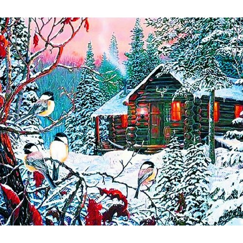 Алмазная мозаика. Картина стразами на подрамнике (размер 40х50 см, полная выкладка, круглые стразы) Зима