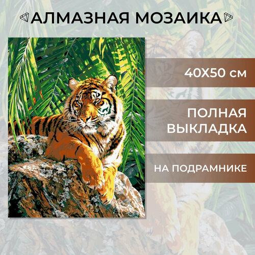 Алмазная мозаика на подрамнике Живопись Вышивка Картина стразами 40х50 см Тигр на камне, полная выкладка