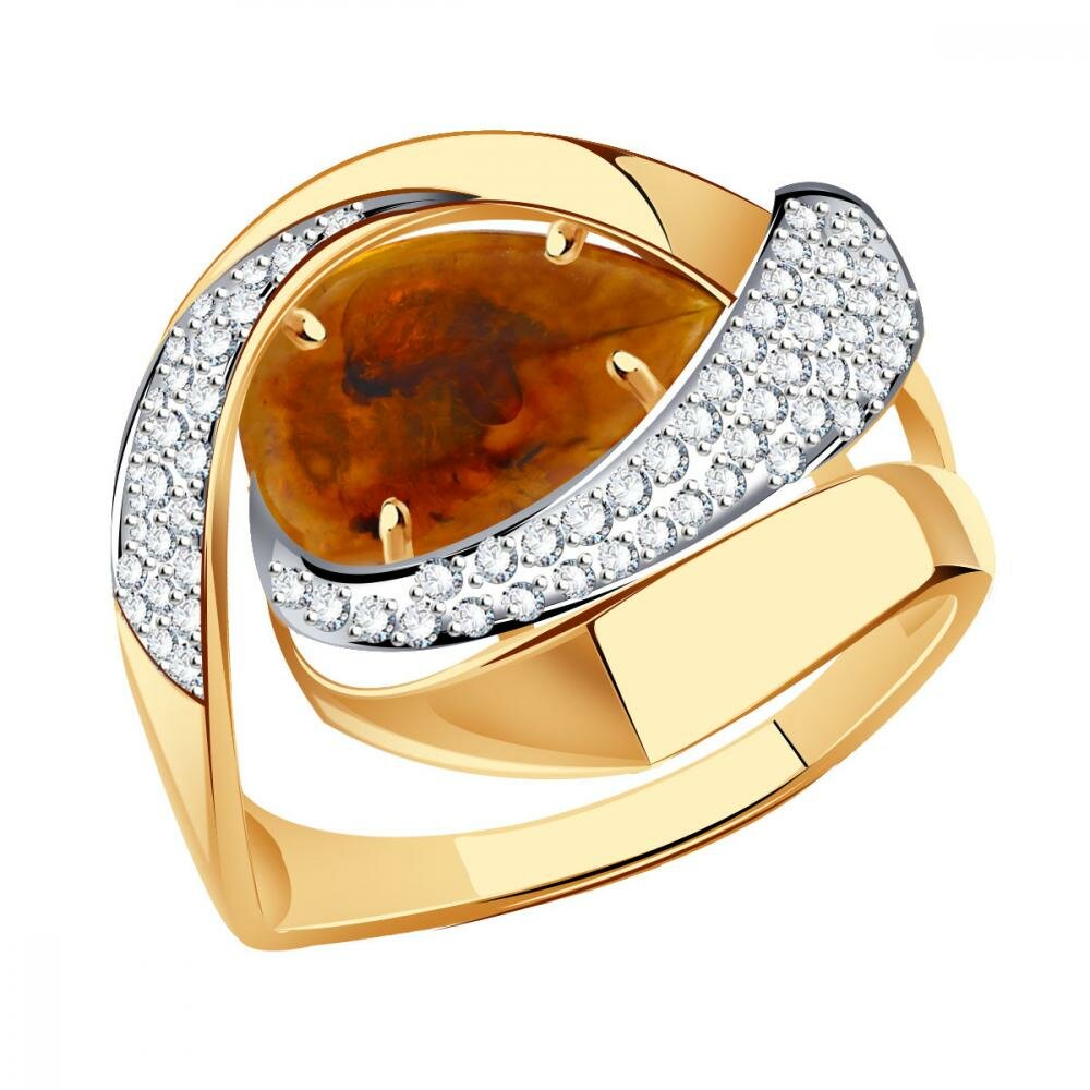 Кольцо Diamant online, золото, 585 проба, фианит, янтарь