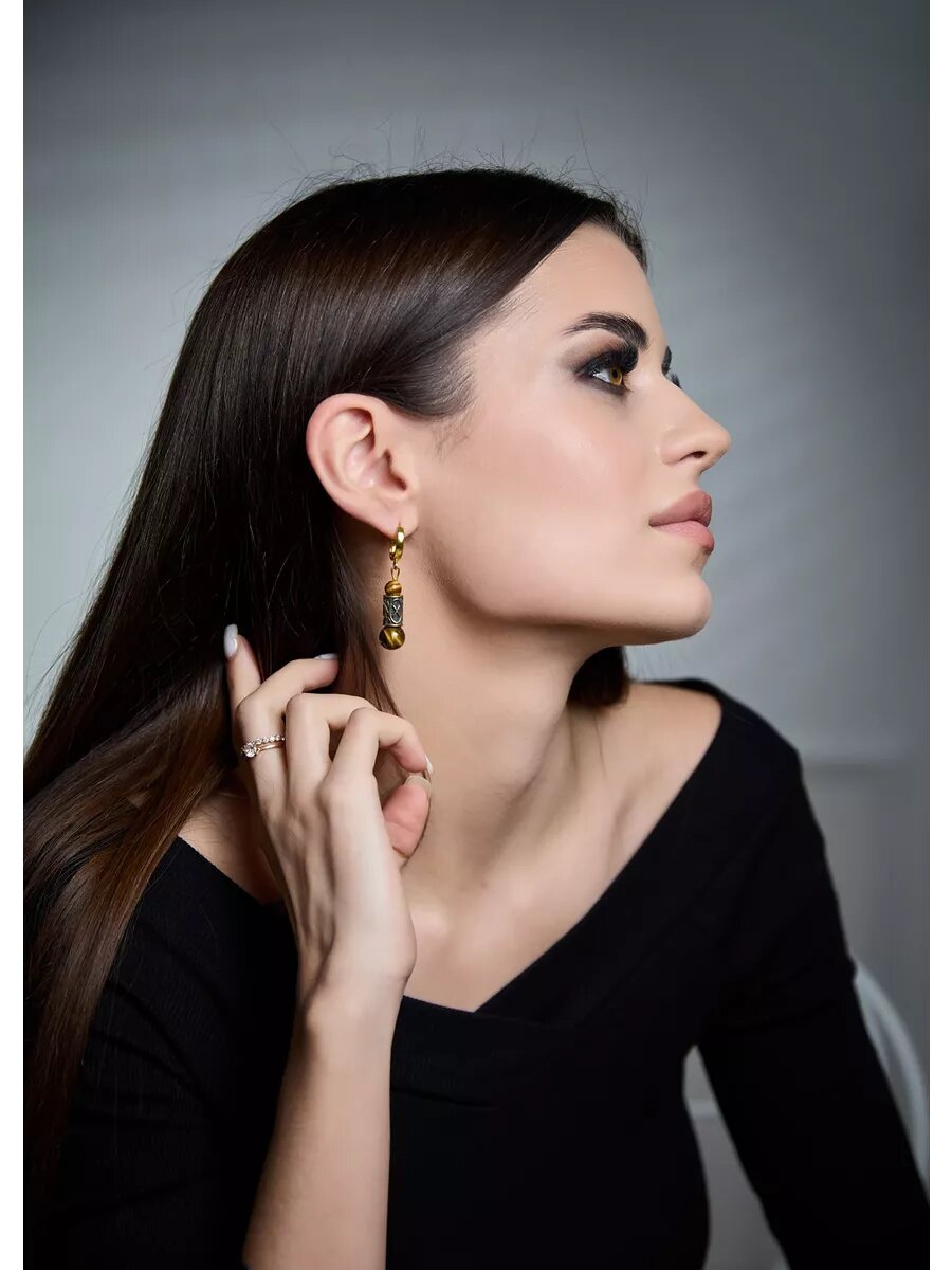 Серьги Вербица, тигровый глаз, размер 45 мм, коричневый — фото 1