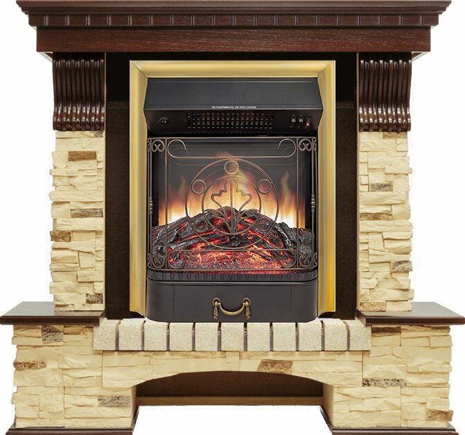 Электрокамин Pierre Luxe (Стоун Люкс) тёмный дуб/песочный сланец с очагом Majestic Brass Габариты (ШxВxГ): 1120х1050х370