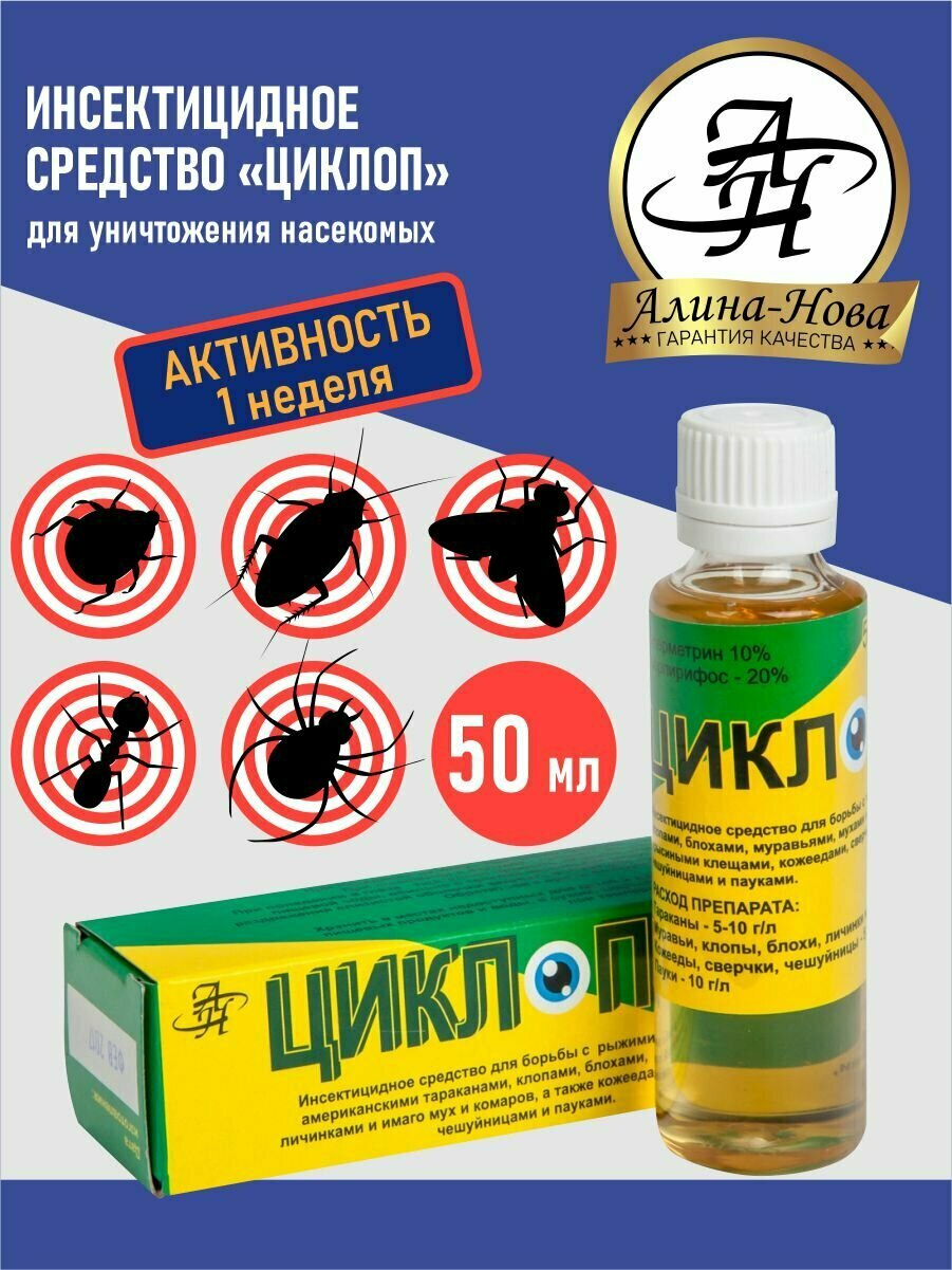 Картинки Средство Циклоп от клопов, тараканов, блох, муравьев, 50 мл
