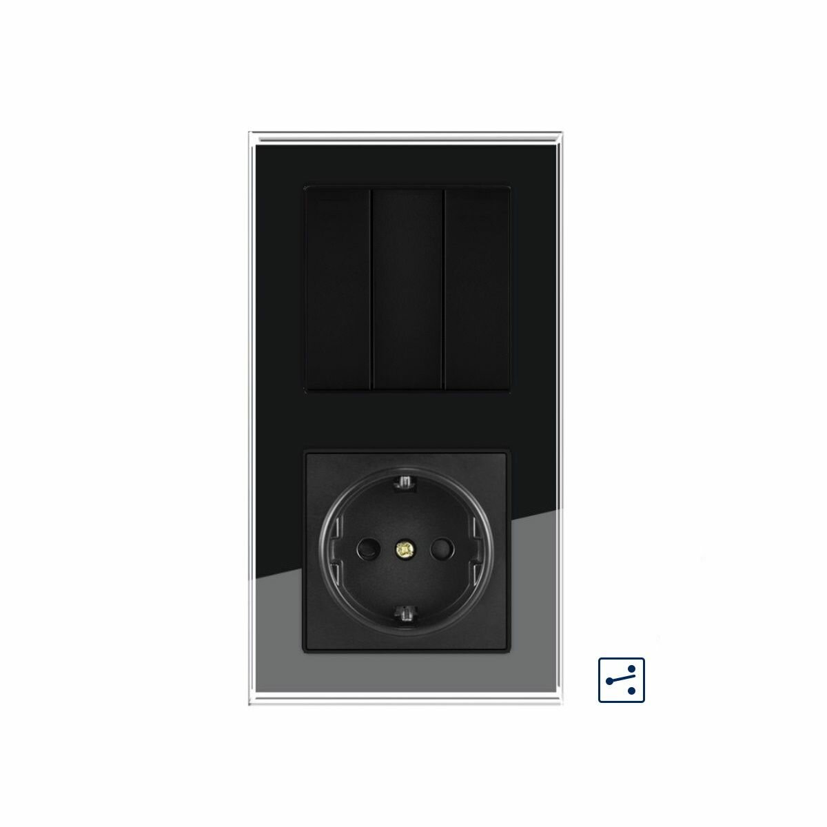 фото Блок розетка с трехклавишным выключателем в одном корпусе (Проходной), рамка стекло, цвет серый.