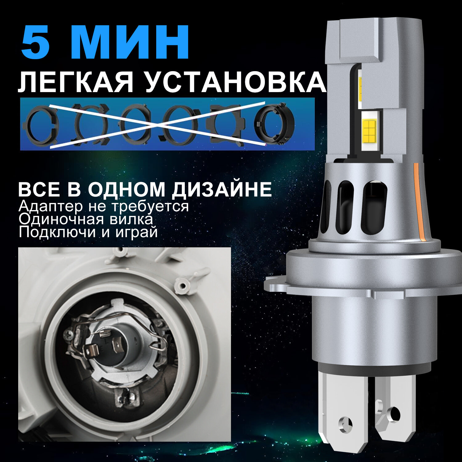 Светодиодная лампа H4 led автомобильная лампы,80 Вт,12В-24В,20000LM,6500K,2шт — фото 1