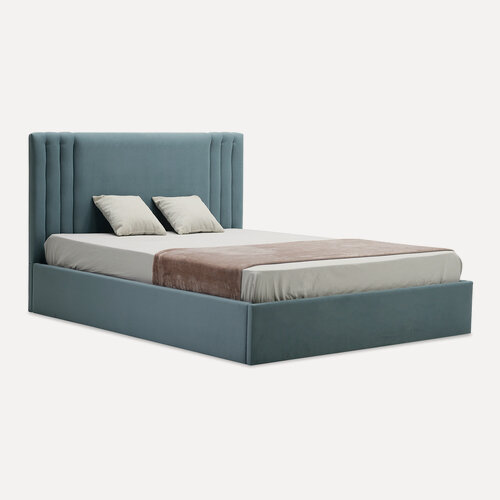 Изображение товара Двуспальная кровать Отто 160х200 см, с подъемным механизмом и ящиком для белья, велюр синий