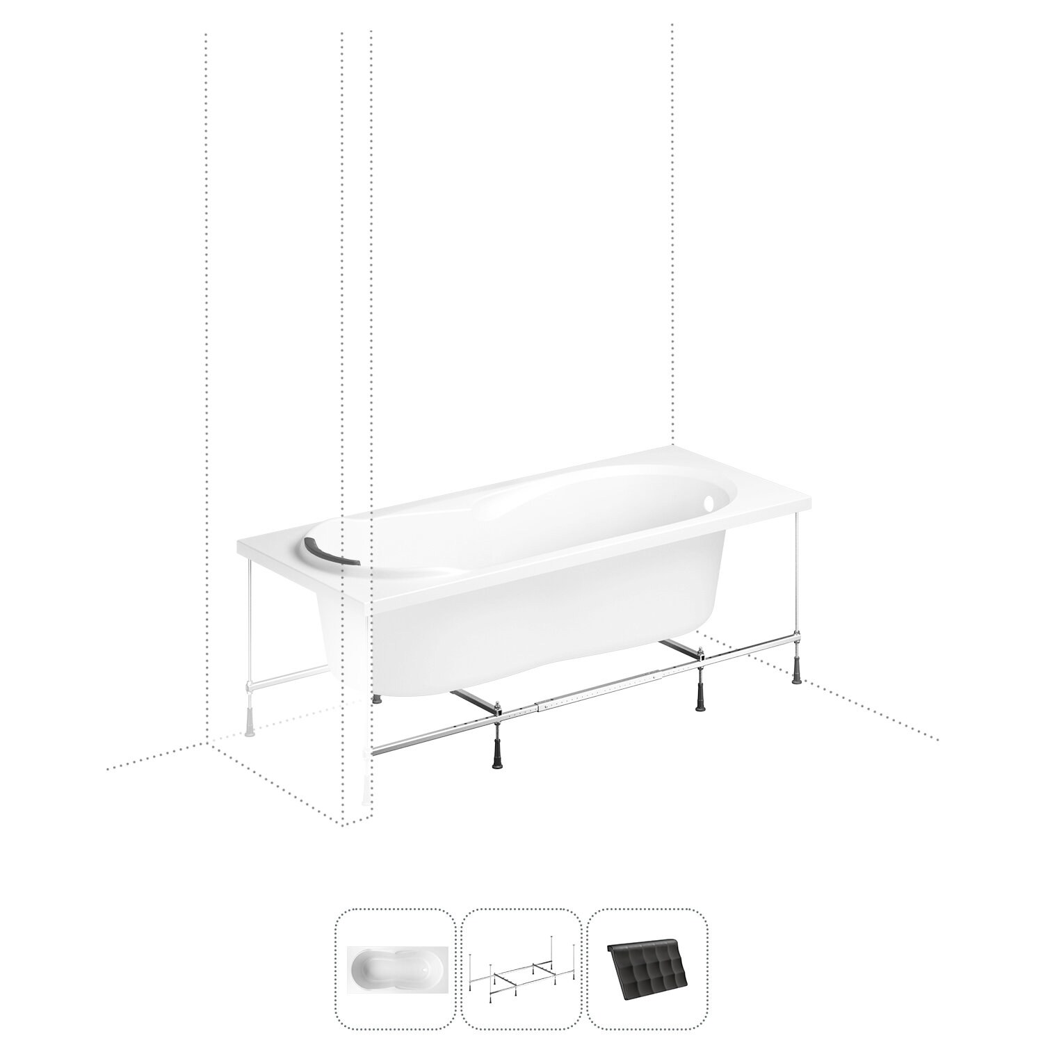 Акриловая ванна 170x75 с каркасом Lavinia Boho Easter Pro S1-3706075P в наборе 3 в 1: прямоугольная ванна 170 x 75 см, каркас, подголовник