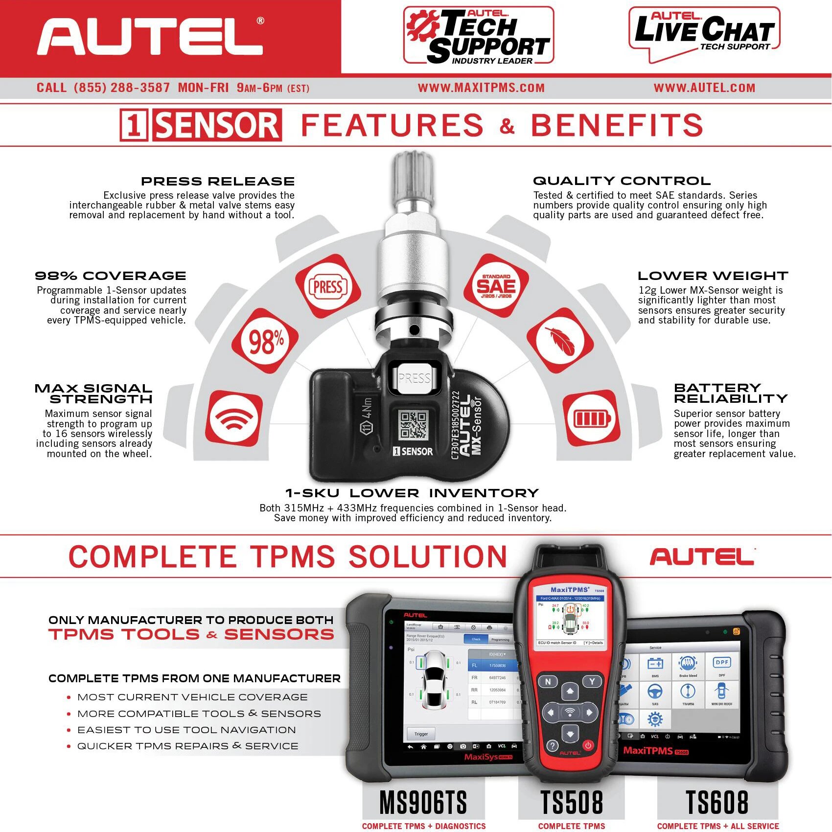 Autel TPMS Sensor MX-Sensor 2 в 1 Инструменты для ремонта шин TPMS Sensor Support Программирование с TS501 TS508 равно 433 МГц + 315 МГц, 4PCS MX Sensors — фото 1