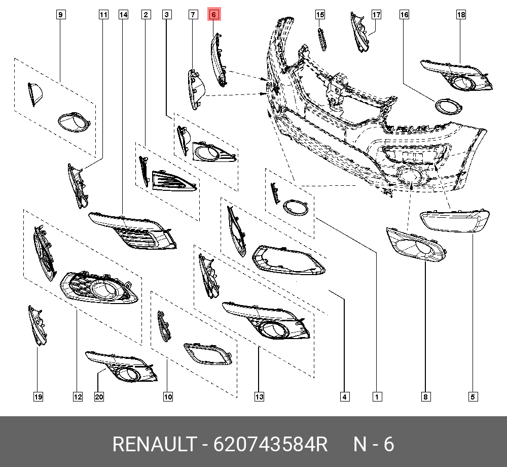 Накладка переднего бампера левая для Рено Сандеро 2013-2021 год выпуска (Renault Sandero) RENAULT 620743584R