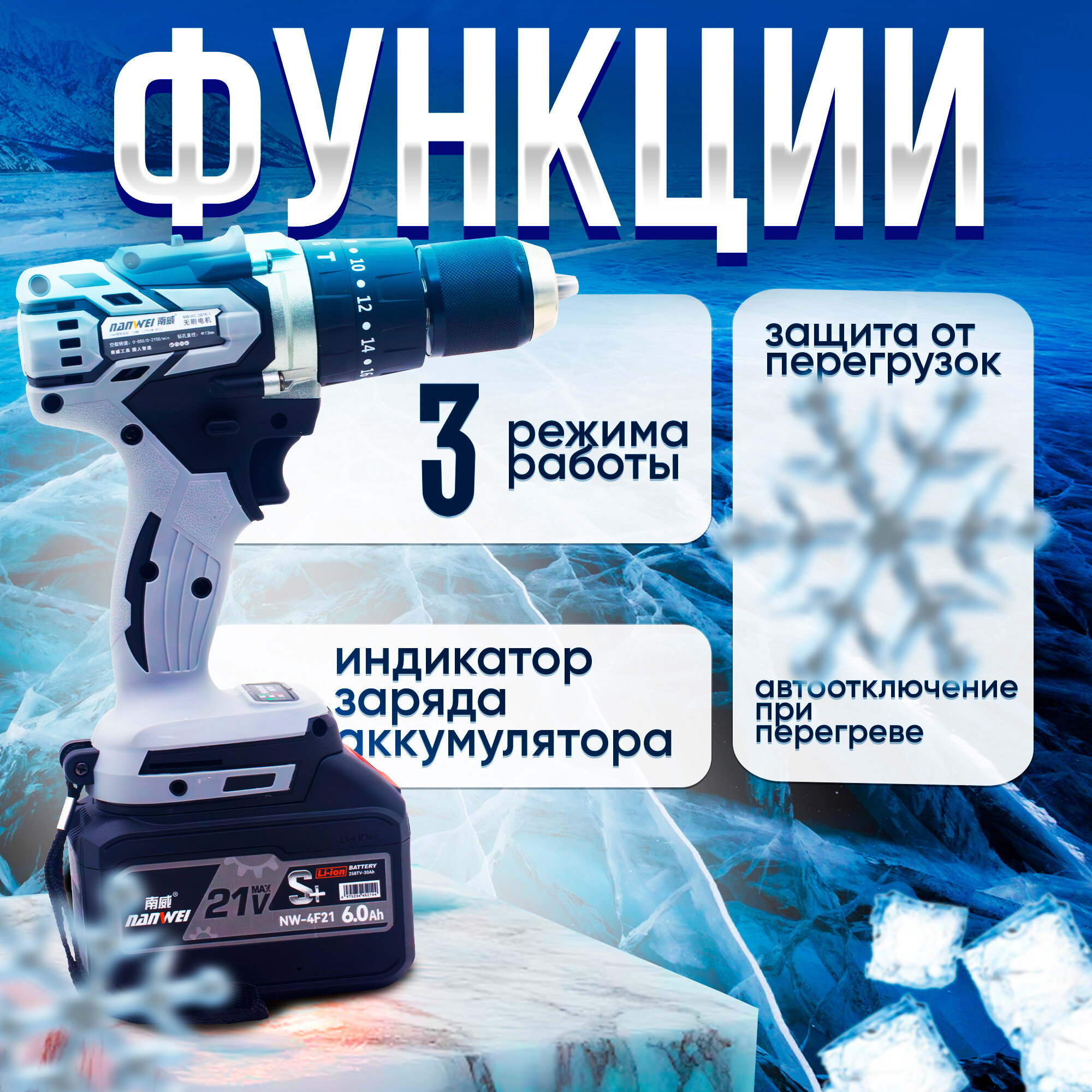Аккумуляторная дрель NANWEI промышленного класса бесщеточная ударная дрель-шуруповерт для рыбалки на льду с защитным рукавом для шуруповерта — фото 1