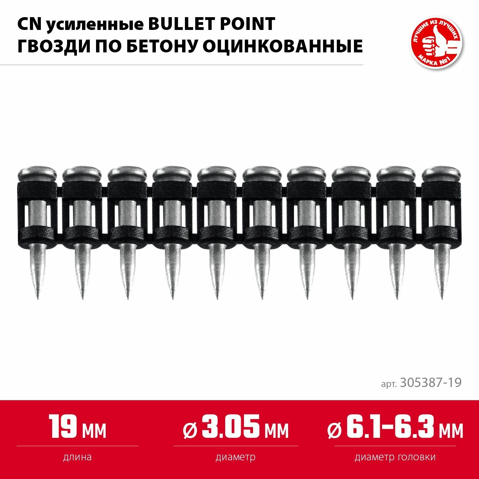 Гвозди по бетону оцинкованные, CN усиленные bullet point 19 х 3.05 мм, ЗУБР, 1000 шт