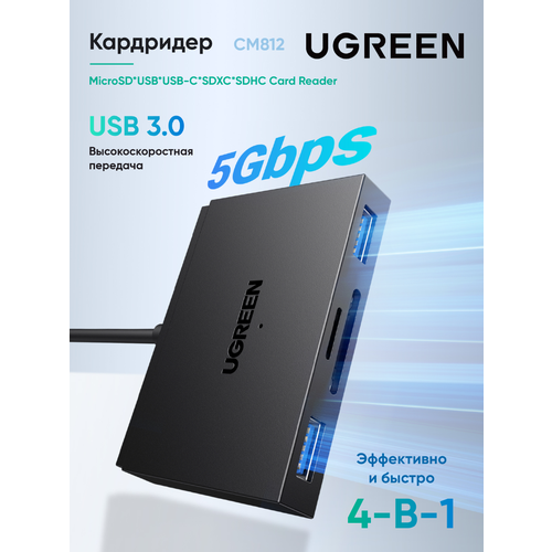 Кардридер UGREEN CM812 45167 4-in-1 Card Reader Цвет черный 2629₽