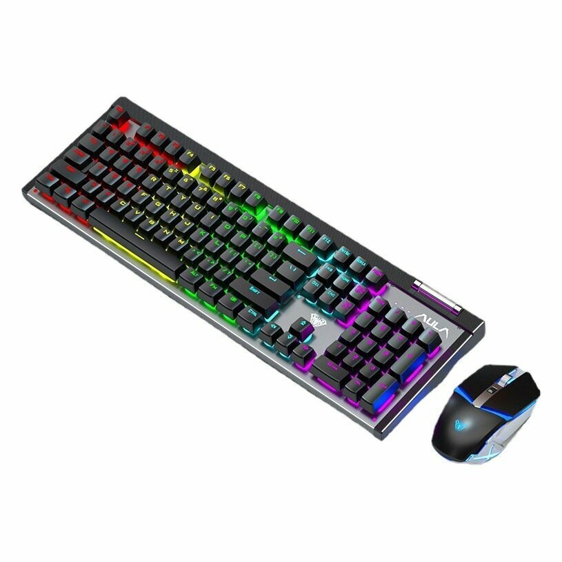 Беспроводная клавиатура и мышь AULA Wolf Spider T610, перезаряжаемая для офиса, домашних игр и киберспорта, совместимая с компьютером, серебристо-черный ослепительный свет — фото 1