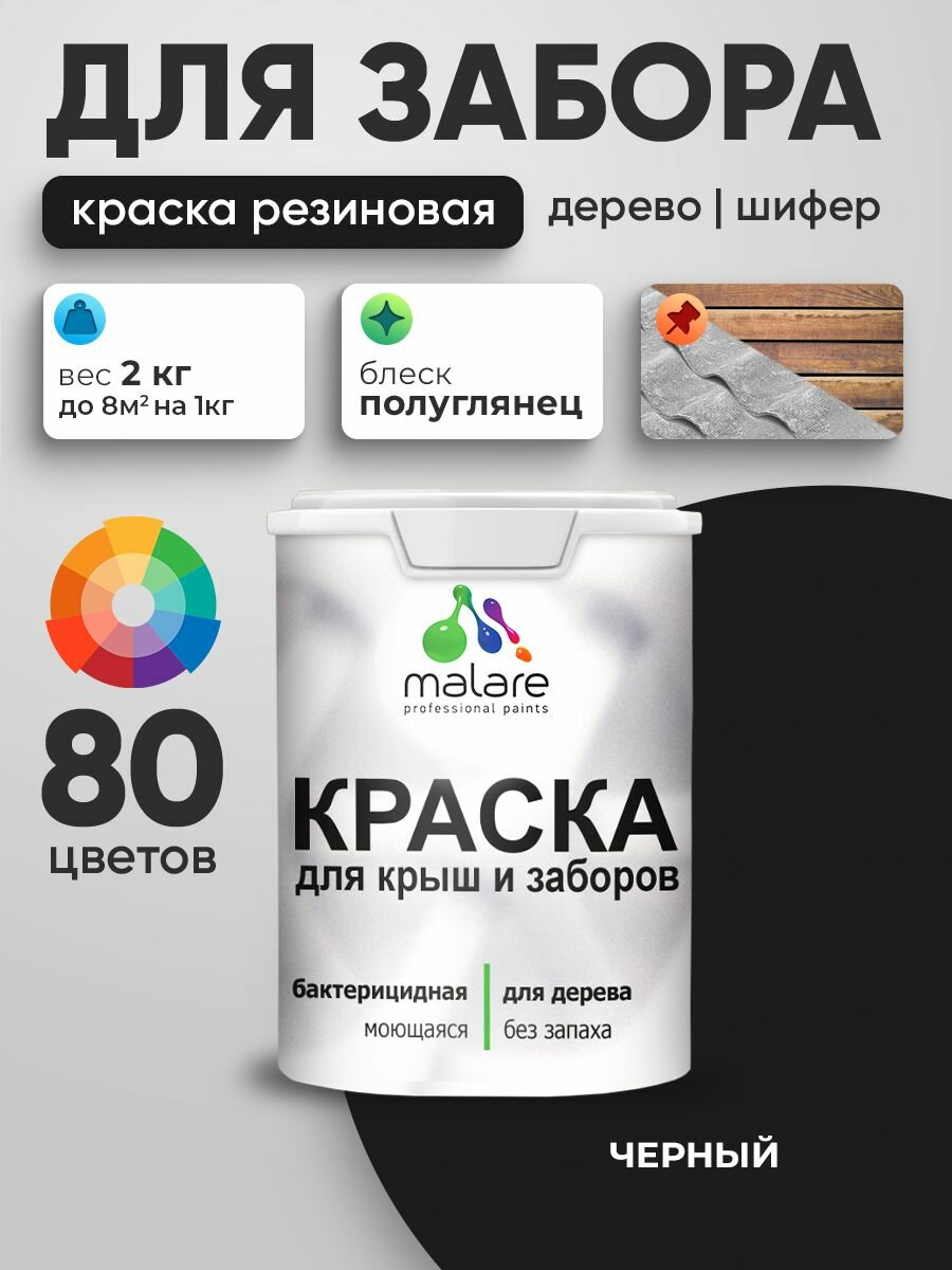Резиновая краска Malare для деревянного забора/ по дереву для наружных и внутренних работ/ быстросохнущая моющаяся без запаха полуглянцевая, черный, 2 кг.
