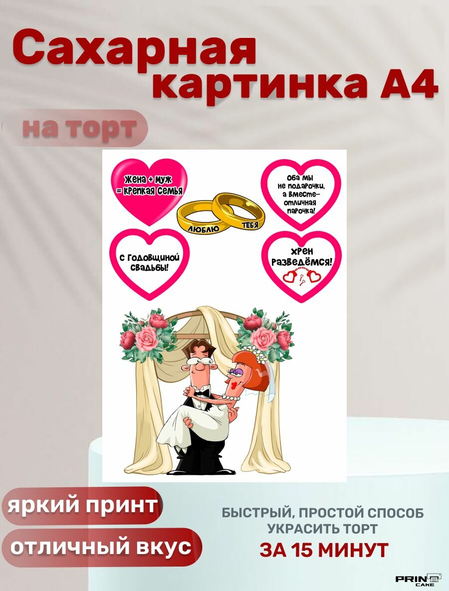 Сахарная картинка для торта на годовщину свадьбы. Декор для выпечки, украшения для торта мужу, жене.