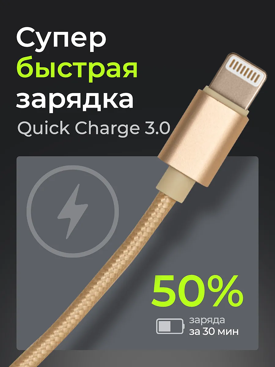 Кабель USB-Lightning для iPhone/iPad/AirPods, 1м, золото, износостойкий — фото 1