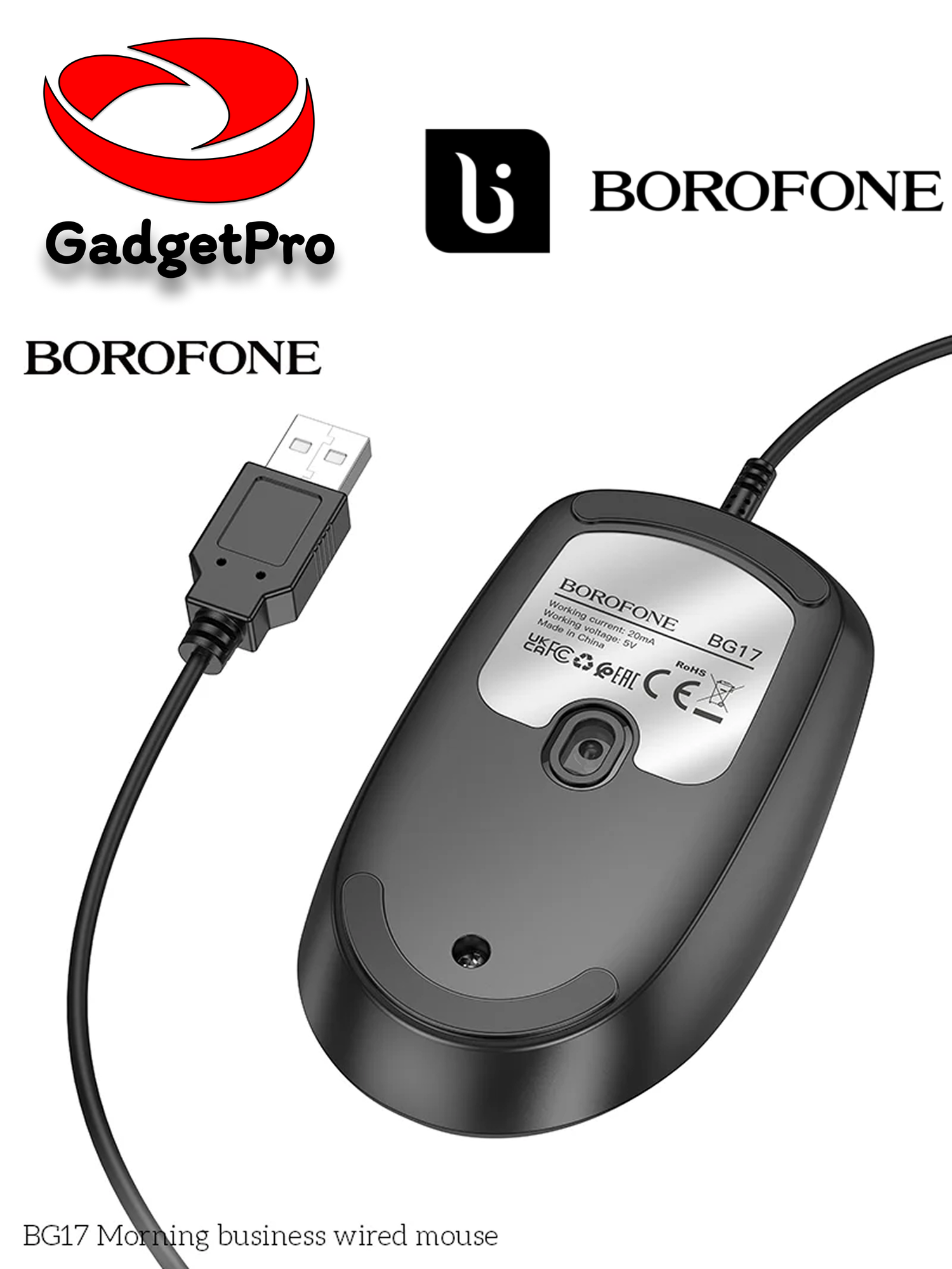 Беспроводная мышь Borofone BG17, оптическая, 2.4 ГГц, 800–1600 DPI, USB-ресивер, черная — фото 1